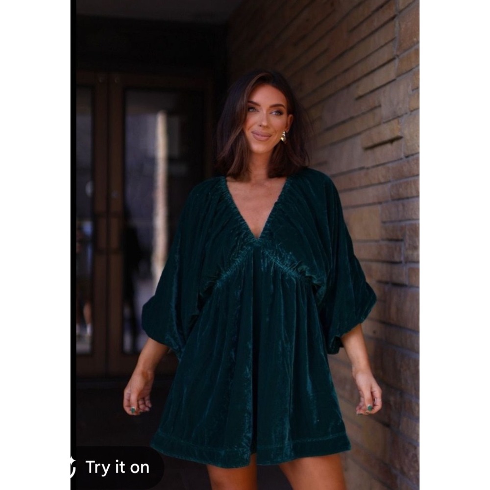 Free People Dark Green Velvet Mini Dress V-Neck Ballo Sleeve Boho Emerald Medium